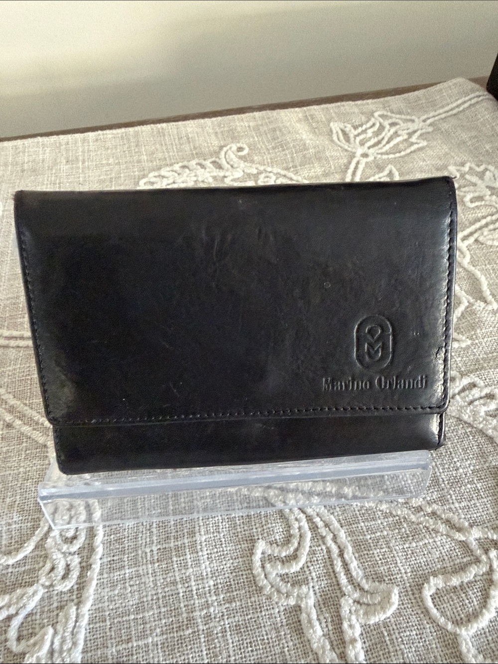 Marino Orlandi Vintage Black Patent Leather Trifold Wallet (unisex)